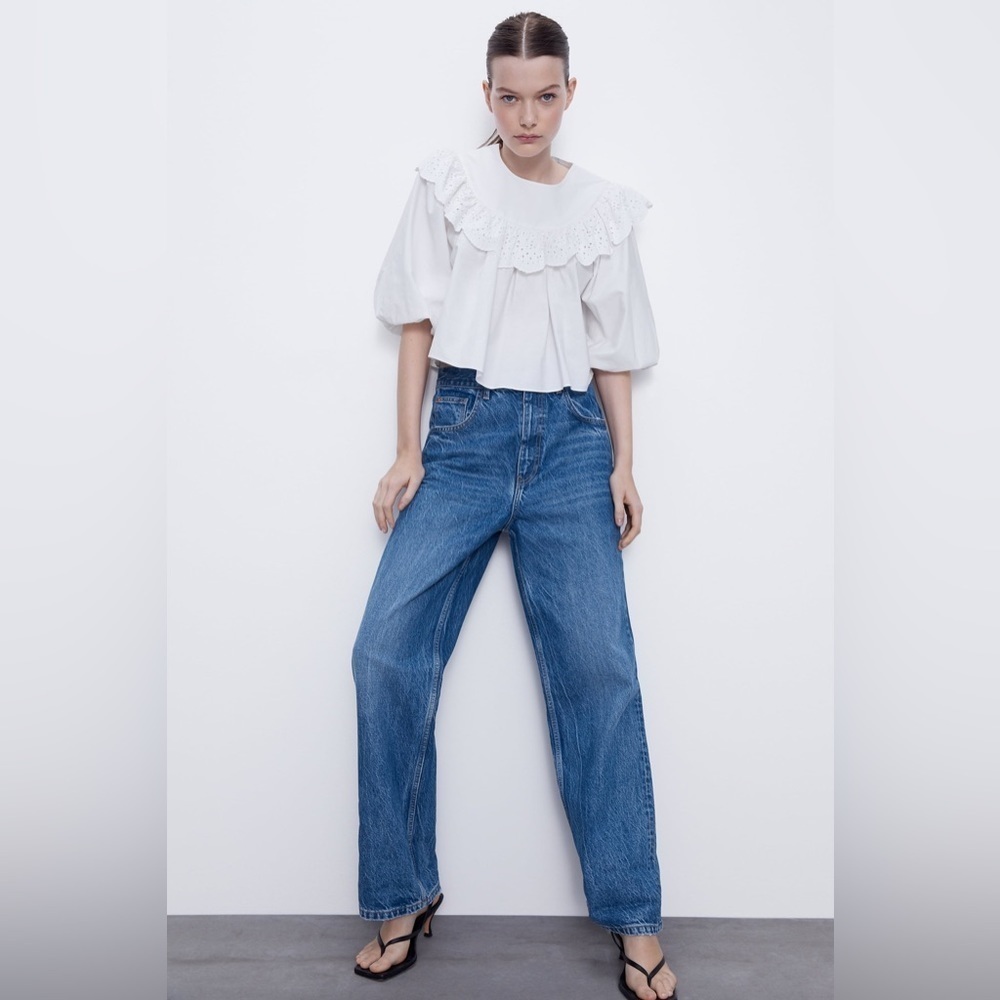 Zara White Poplin Top, Cropped, size M